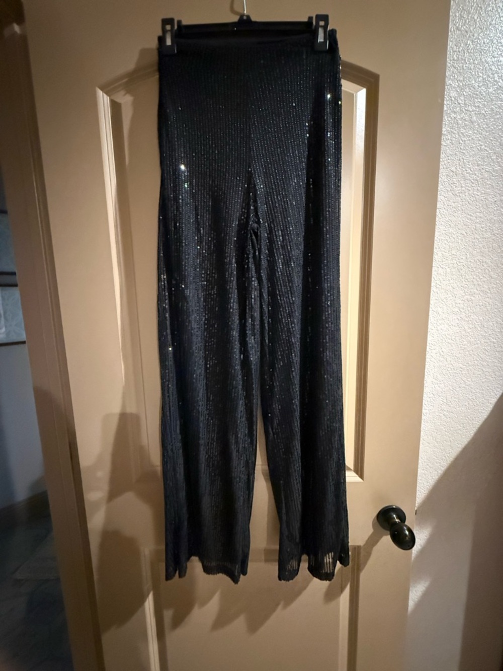 Sequin-Trim Black Wide-Leg Knit Pants